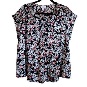 Liz Claiborne Women's XL Cottage Floral V-Neck Blouse Black Coral Button Front